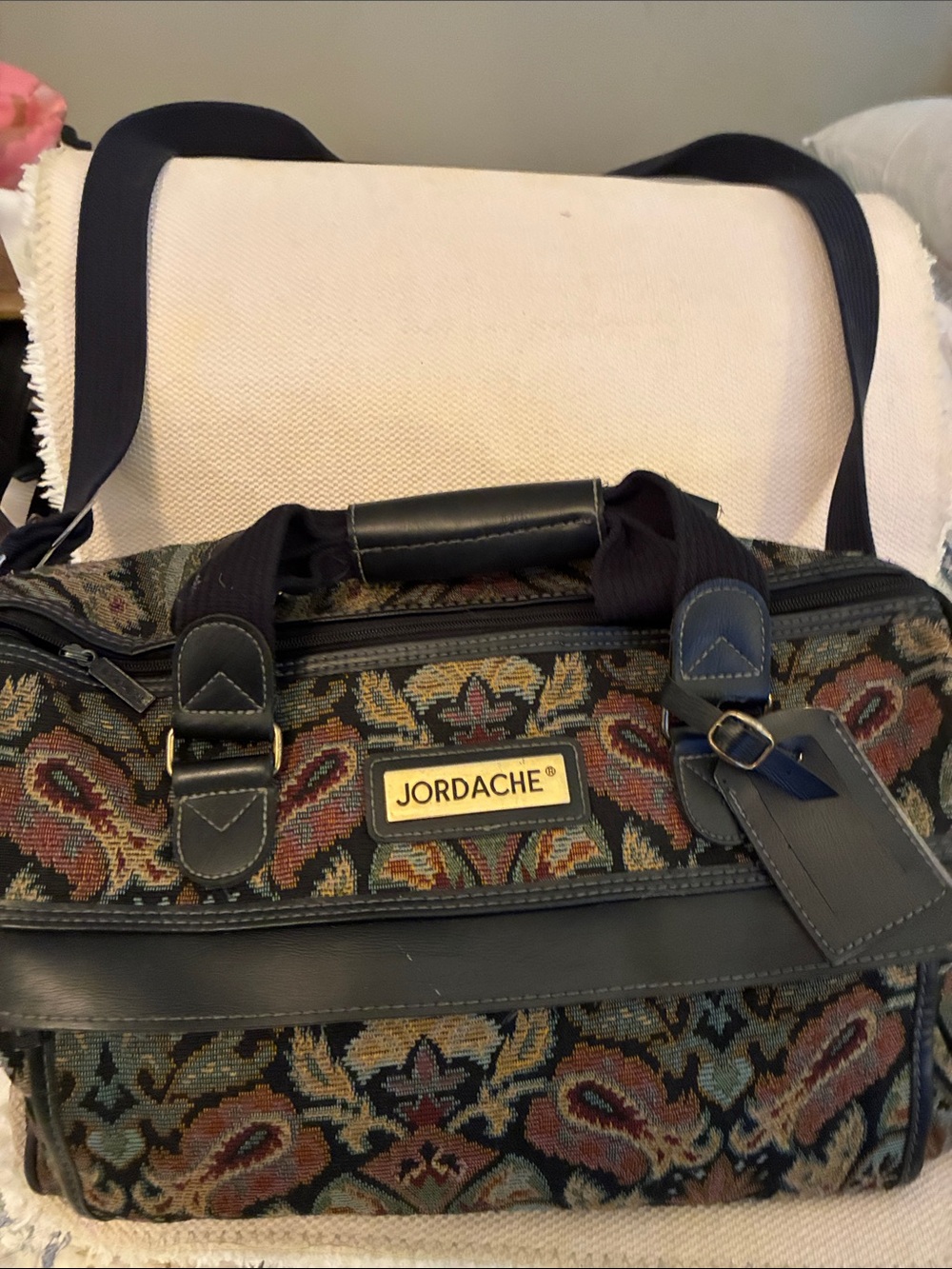 Vintage Jordache Multicolor Tapestry Duffel travel bag w/Black Trim